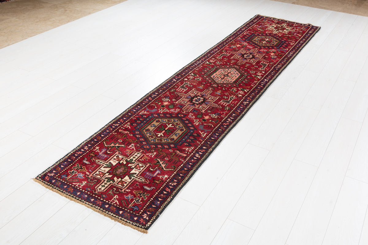 Vintage Geometric Medallion Narrow Runner Rug, Red – 10' 6" x 2' 5" (319 x 74 cm)
