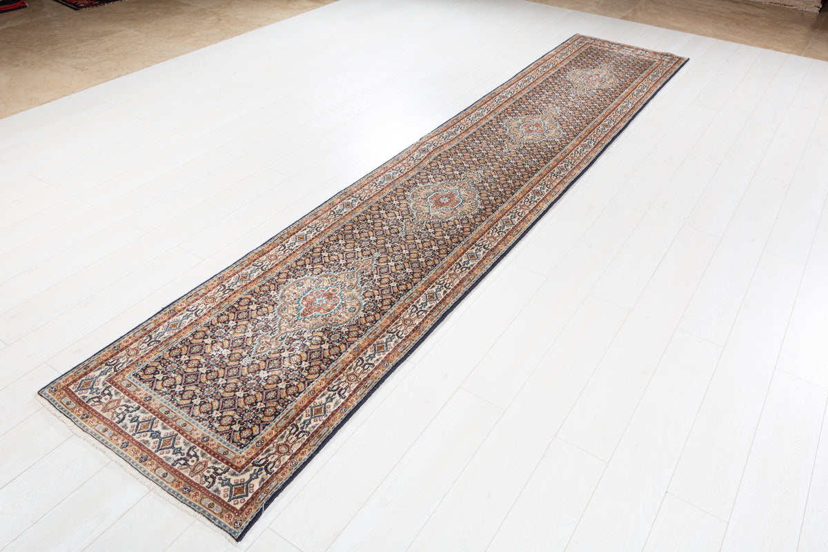 Antique Floral Long Narrow Runner Rug, Faded Deep Navy Blue – 12' 5" x 2' 5" (379 x 74 cm)