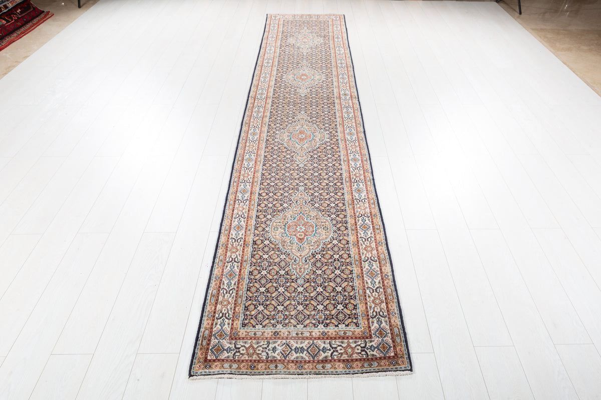 Antique Floral Long Narrow Runner Rug, Faded Deep Navy Blue – 12' 5" x 2' 5" (379 x 74 cm)