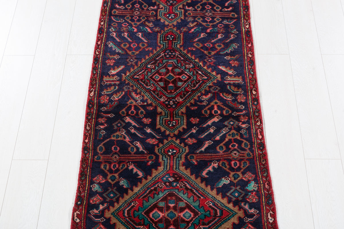 Vintage Geometric Medallion Narrow Runner Rug, Navy Blue – 8' 7" x 2' 5" (262 x 74 cm)