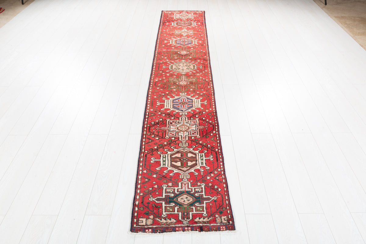 Vintage Geometric Narrow Runner Rug, Red – 10' 1" x 1' 10" (307 x 57 cm)