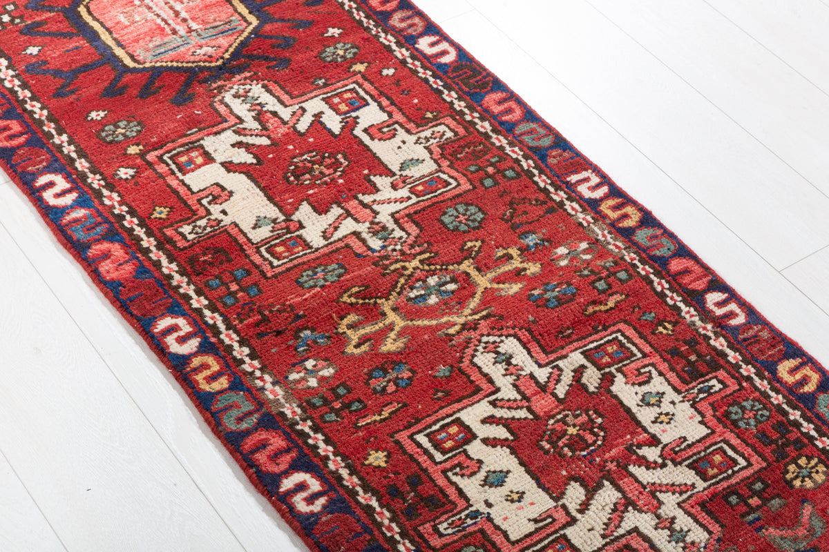 Vintage Hooked Geometric Narrow Runner Rug, Red – 8' 0" x 2' 0" (244 x 62 cm)