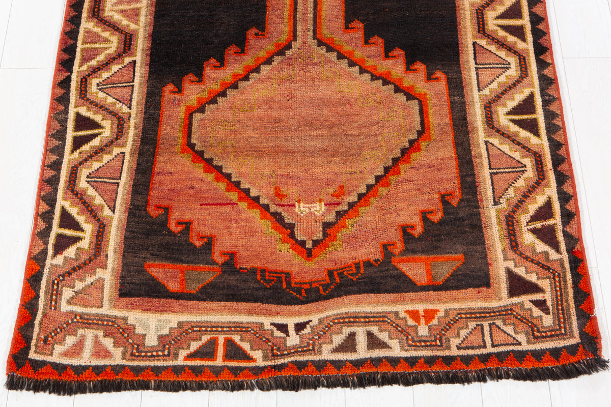 Rare Collectible Antique Rust Orange & Black Geometric Medallion Wool Rug – 8' 6" x 4' 2" (259 x 128 cm)