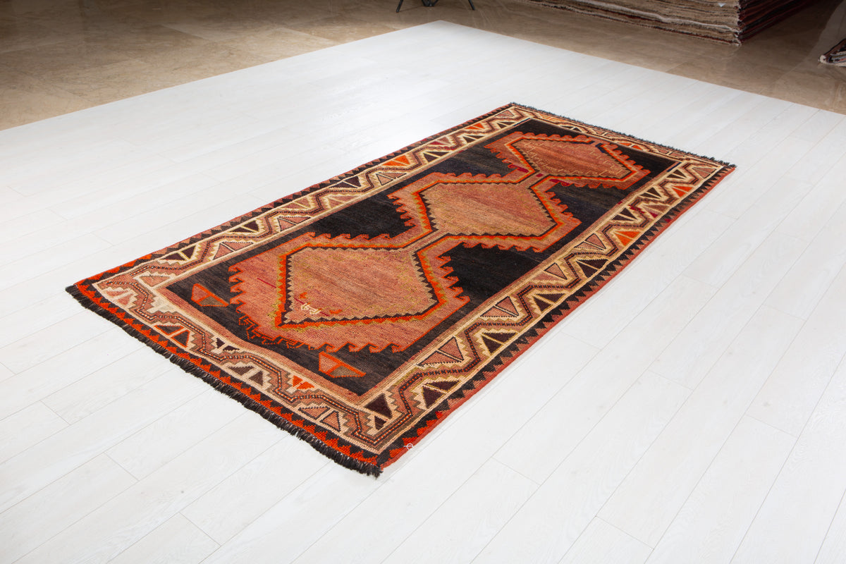 Rare Collectible Antique Rust Orange & Black Geometric Medallion Wool Rug – 8' 6" x 4' 2" (259 x 128 cm)
