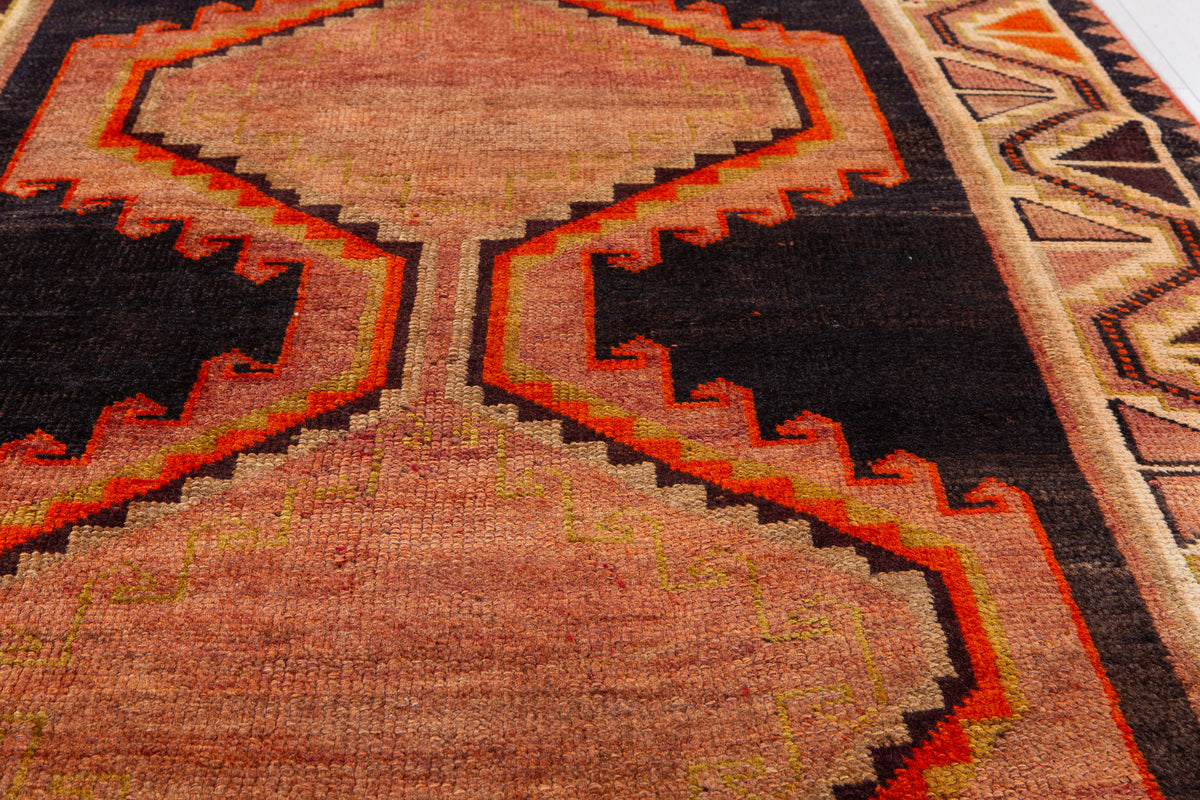 Rare Collectible Antique Rust Orange & Black Geometric Medallion Wool Rug – 8' 6" x 4' 2" (259 x 128 cm)