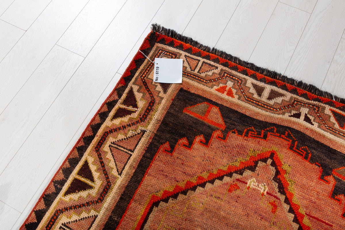 Rare Collectible Antique Rust Orange & Black Geometric Medallion Wool Rug – 8' 6" x 4' 2" (259 x 128 cm)