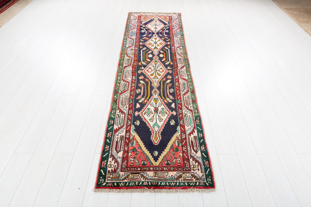 Vintage Geometric Floral Runner Rug, Navy Blue – 9' 1" x 2' 7" (278 x 78 cm)