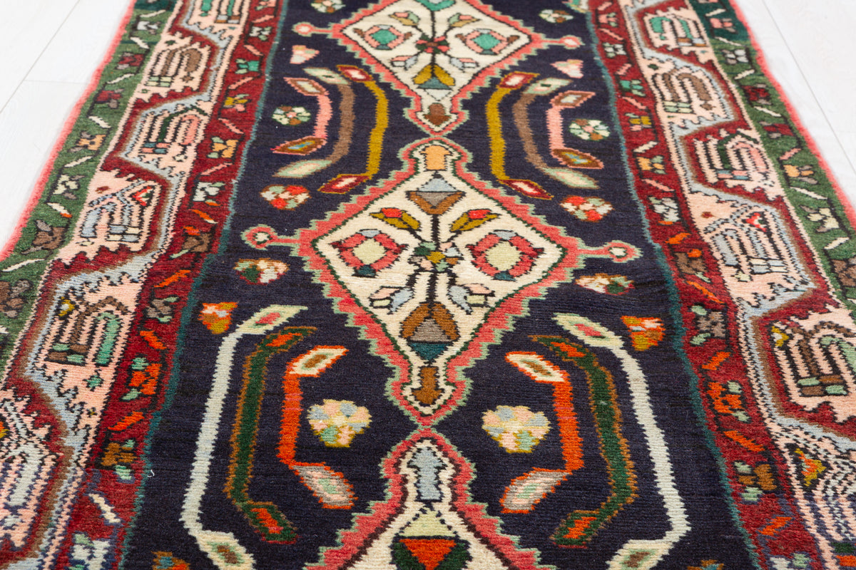 Vintage Geometric Floral Runner Rug, Navy Blue – 9' 1" x 2' 7" (278 x 78 cm)