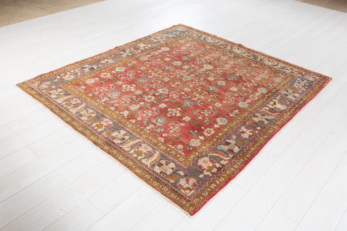 Rare Collectible Antique Faded Rust Red Wool Rug – 6' 5" x 5' 8" (196 x 173 cm)