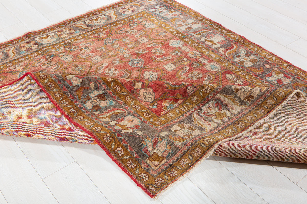 Rare Collectible Antique Faded Rust Red Wool Rug – 6' 5" x 5' 8" (196 x 173 cm)