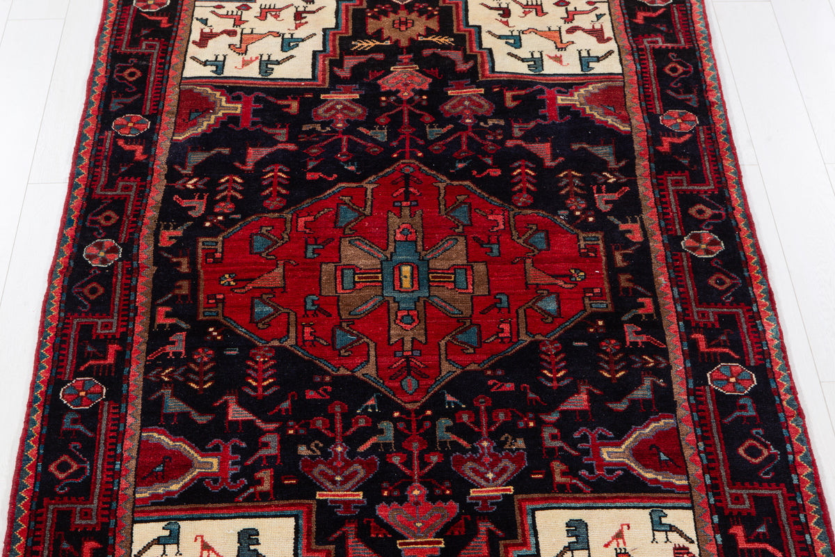 Vintage Deep Navy Blue & Red Geometric Medallion Wool Rug – 8' 6" x 4' 9" (260 x 146 cm)