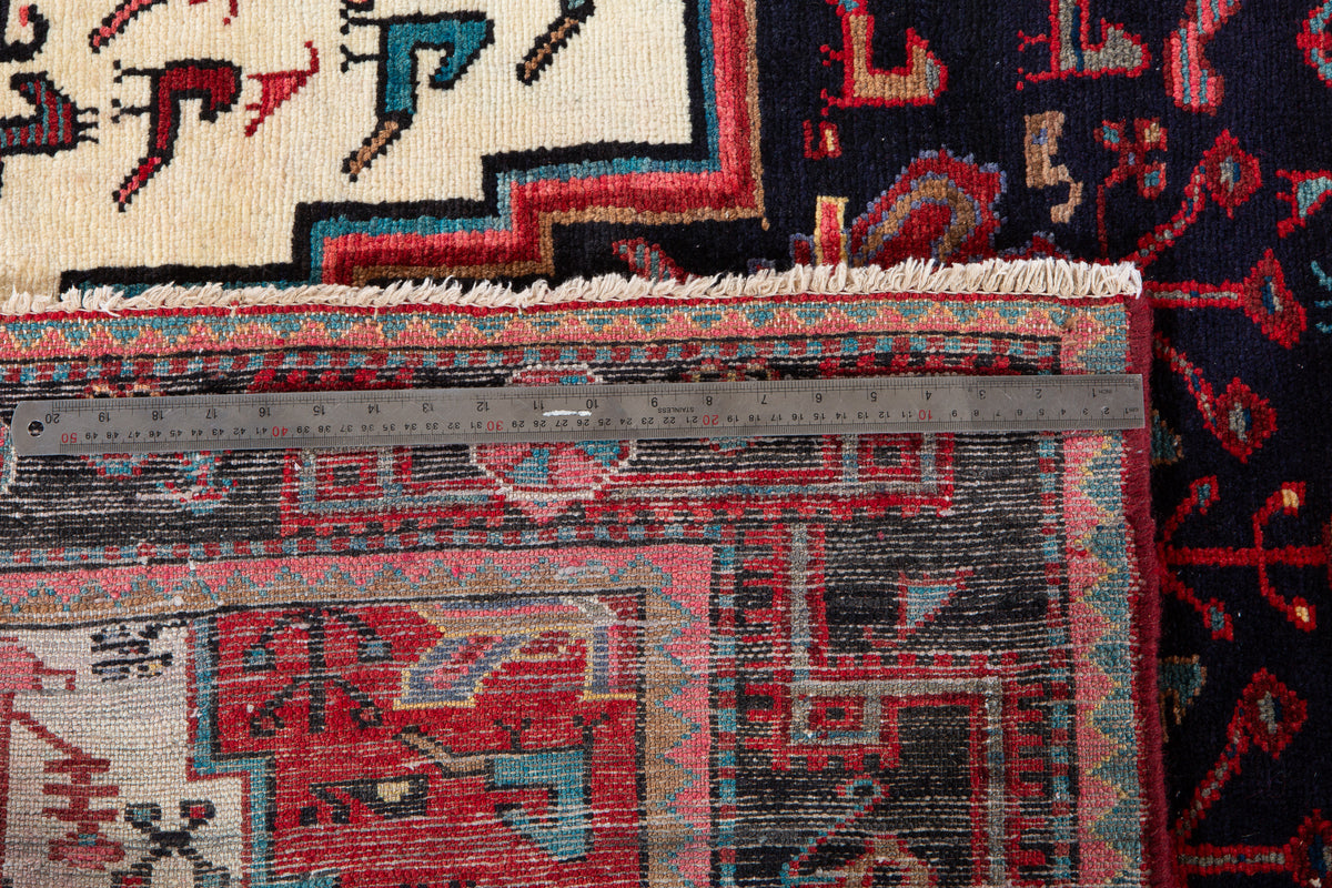 Vintage Deep Navy Blue & Red Geometric Medallion Wool Rug – 8' 6" x 4' 9" (260 x 146 cm)