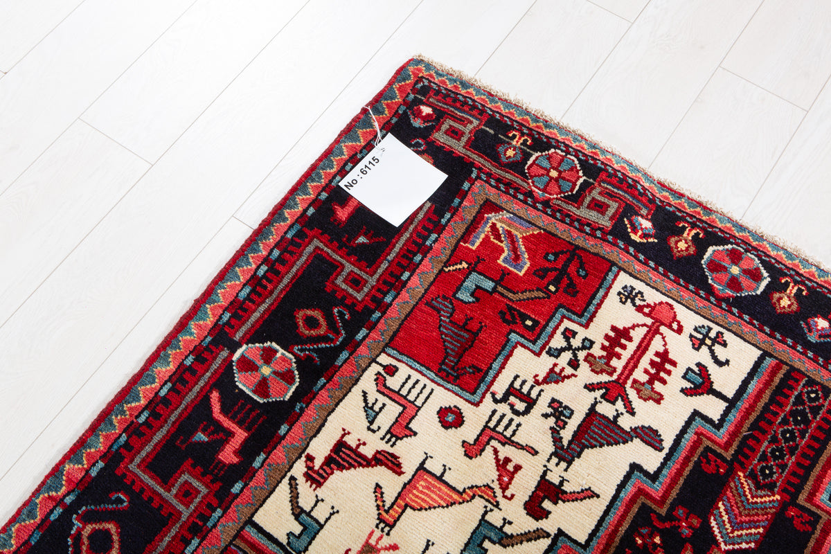 Vintage Deep Navy Blue & Red Geometric Medallion Wool Rug – 8' 6" x 4' 9" (260 x 146 cm)