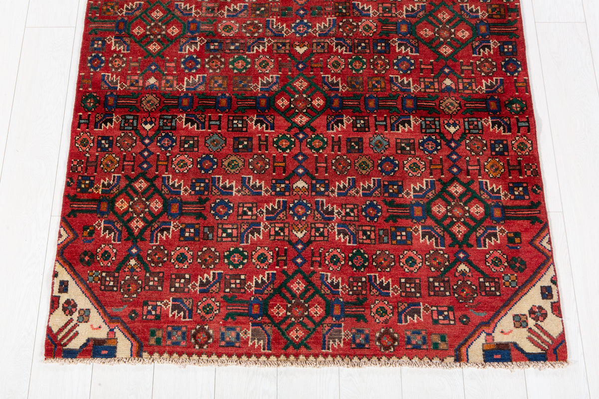 Vintage Red Geometric Allover Wool Rug – 9' 1" x 4' 1" (277 x 125 cm)