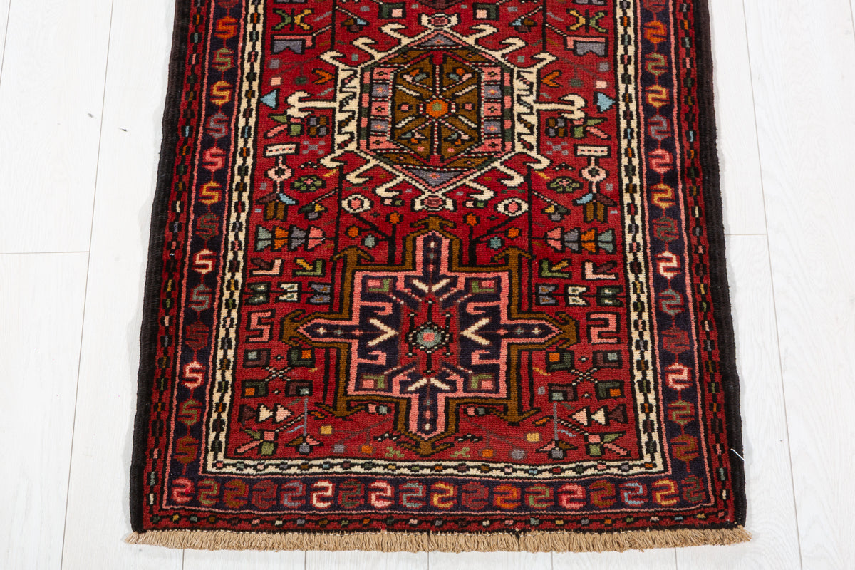 Vintage Narrow Repeating Geometric Medallion Runner Rug, Red – 9' 8" x 2' 5" (295 x 73 cm)
