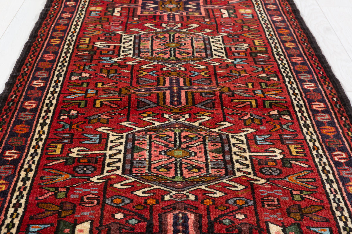 Vintage Narrow Repeating Geometric Medallion Runner Rug, Red – 9' 8" x 2' 5" (295 x 73 cm)