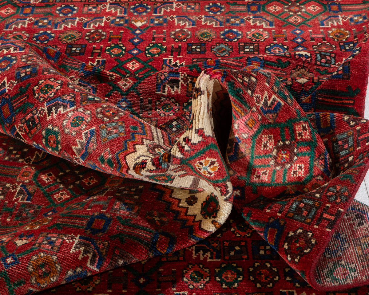 Vintage Red Geometric Allover Wool Rug – 9' 1" x 4' 1" (277 x 125 cm)