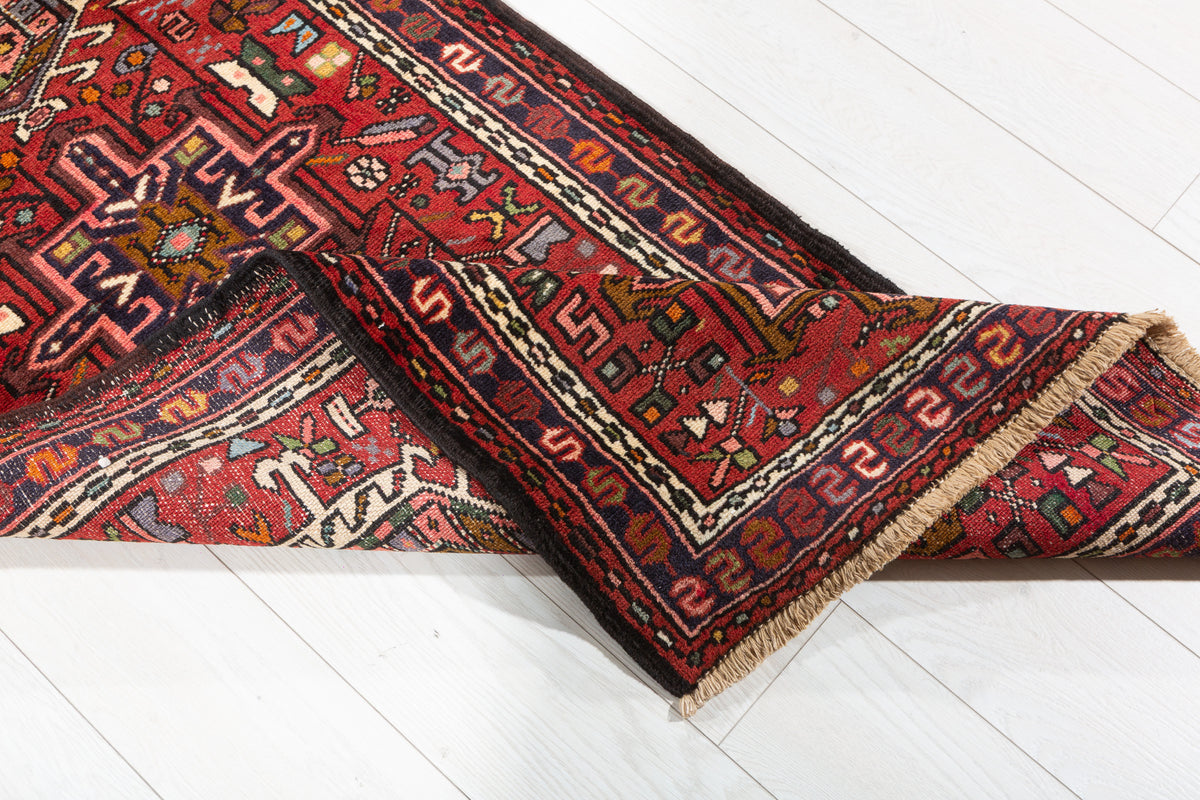 Vintage Narrow Repeating Geometric Medallion Runner Rug, Red – 9' 8" x 2' 5" (295 x 73 cm)