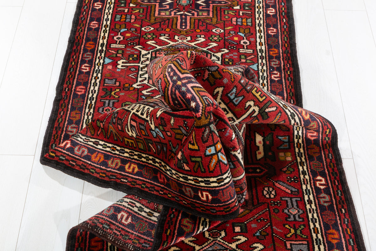Vintage Narrow Repeating Geometric Medallion Runner Rug, Red – 9' 8" x 2' 5" (295 x 73 cm)