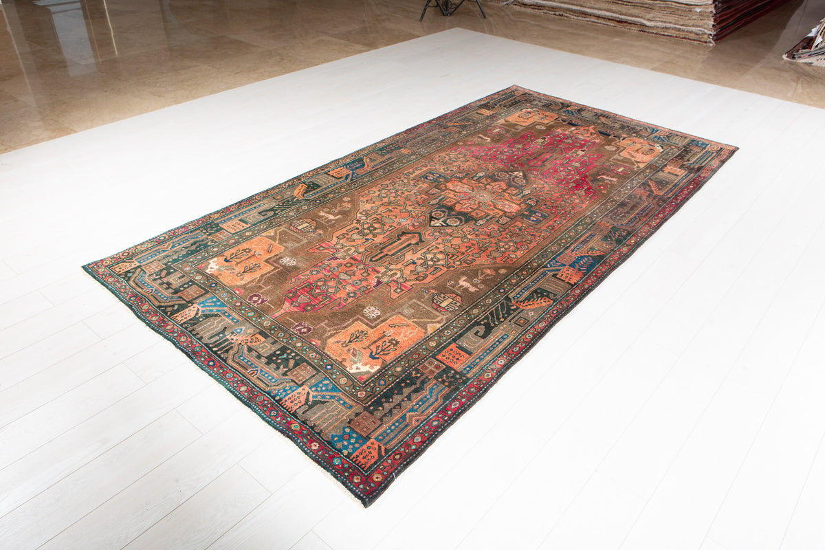 Antique Copper Orange Geometric Medallion Wool Rug – 9' 11" x 5' 0" (301 x 153 cm)