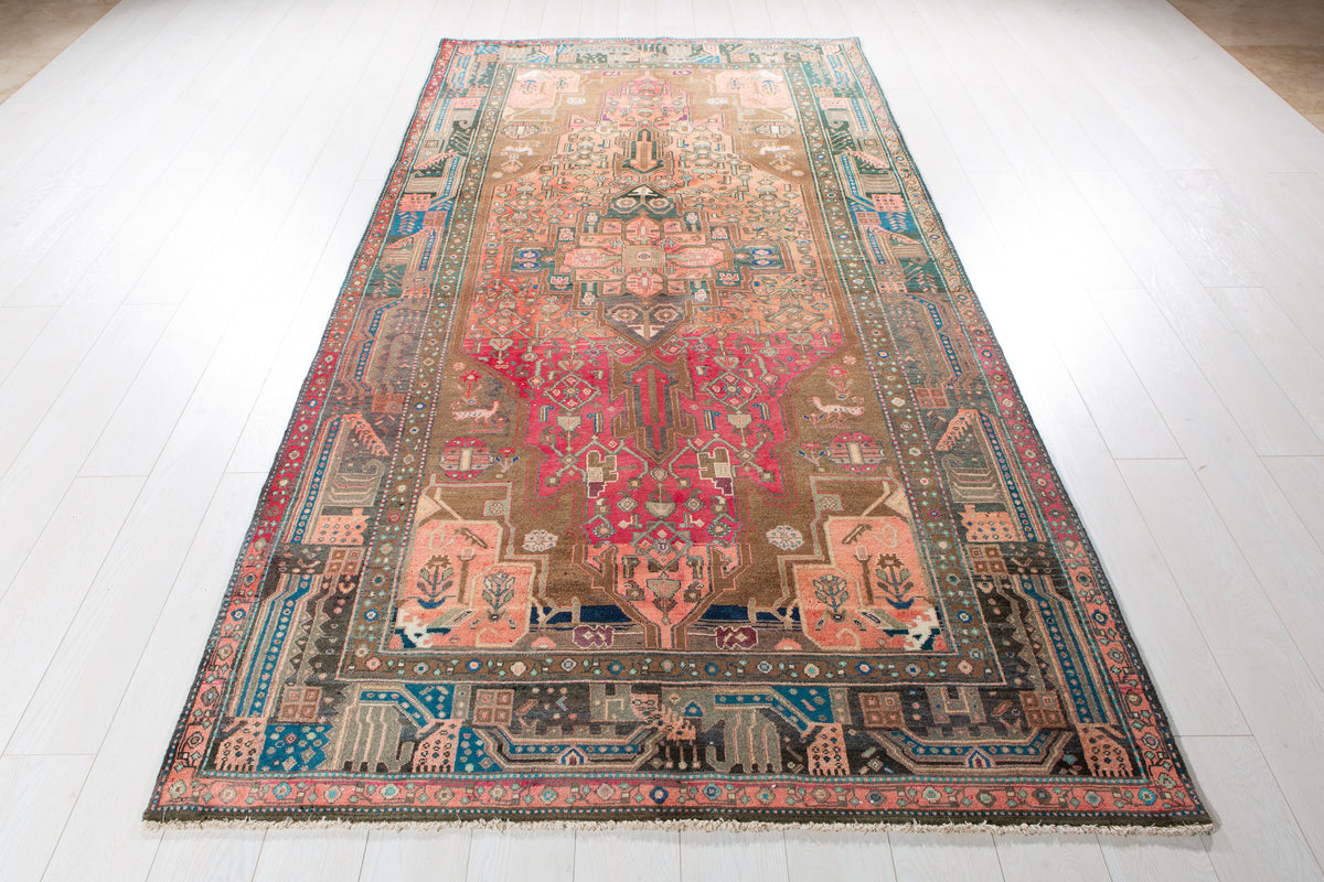Antique Copper Orange Geometric Medallion Wool Rug – 9' 11" x 5' 0" (301 x 153 cm)