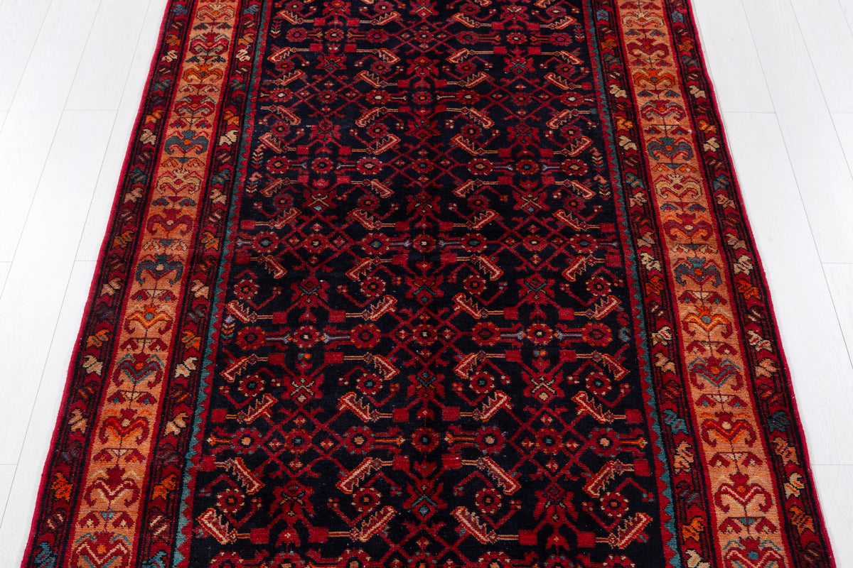 Vintage Deep Navy Blue & Brown Geometric Allover Wool Rug – 12' 5" x 5' 1" (379 x 155 cm)