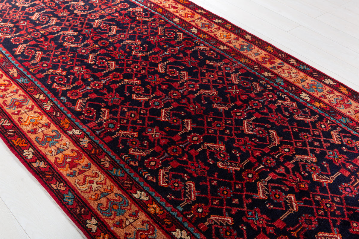 Vintage Deep Navy Blue & Brown Geometric Allover Wool Rug – 12' 5" x 5' 1" (379 x 155 cm)