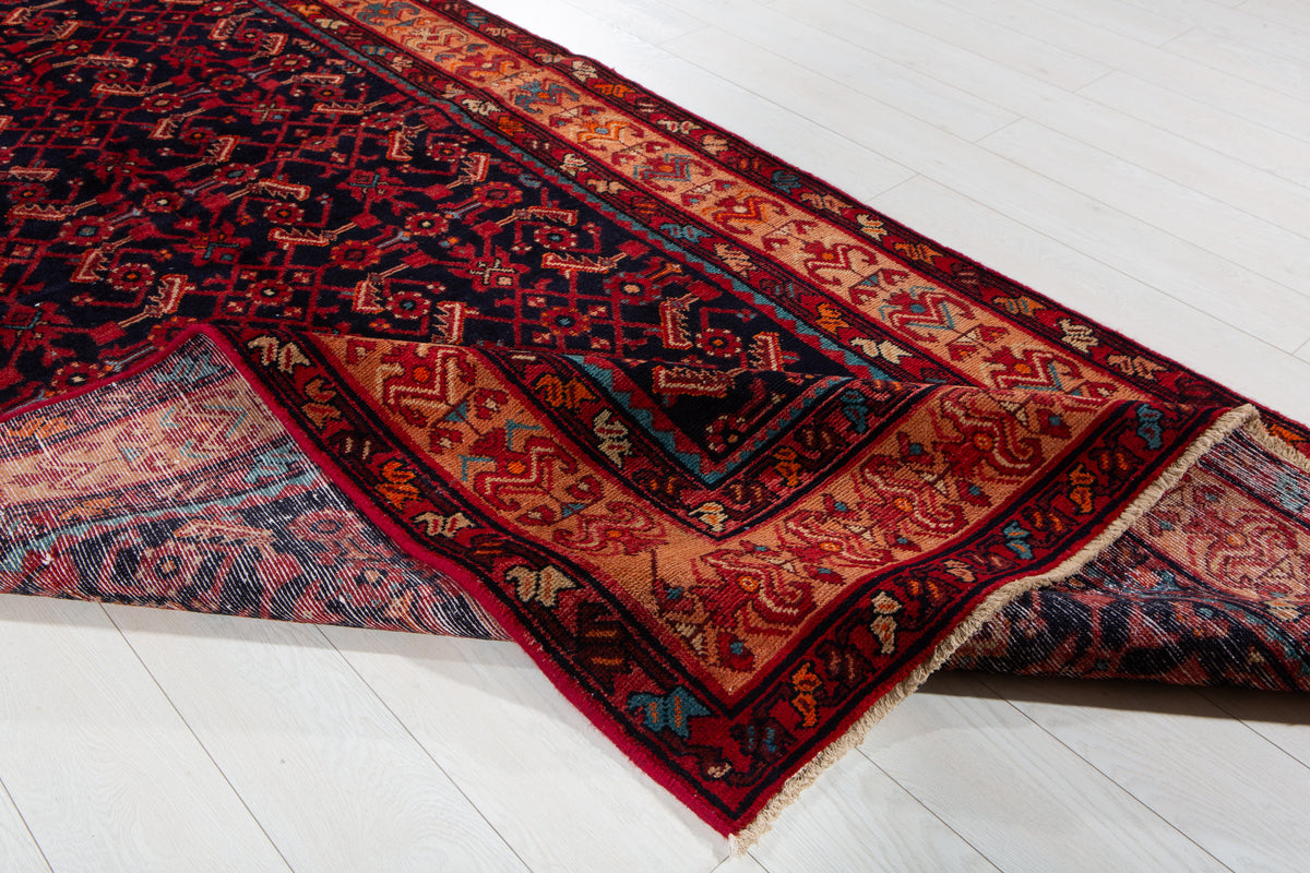 Vintage Deep Navy Blue & Brown Geometric Allover Wool Rug – 12' 5" x 5' 1" (379 x 155 cm)