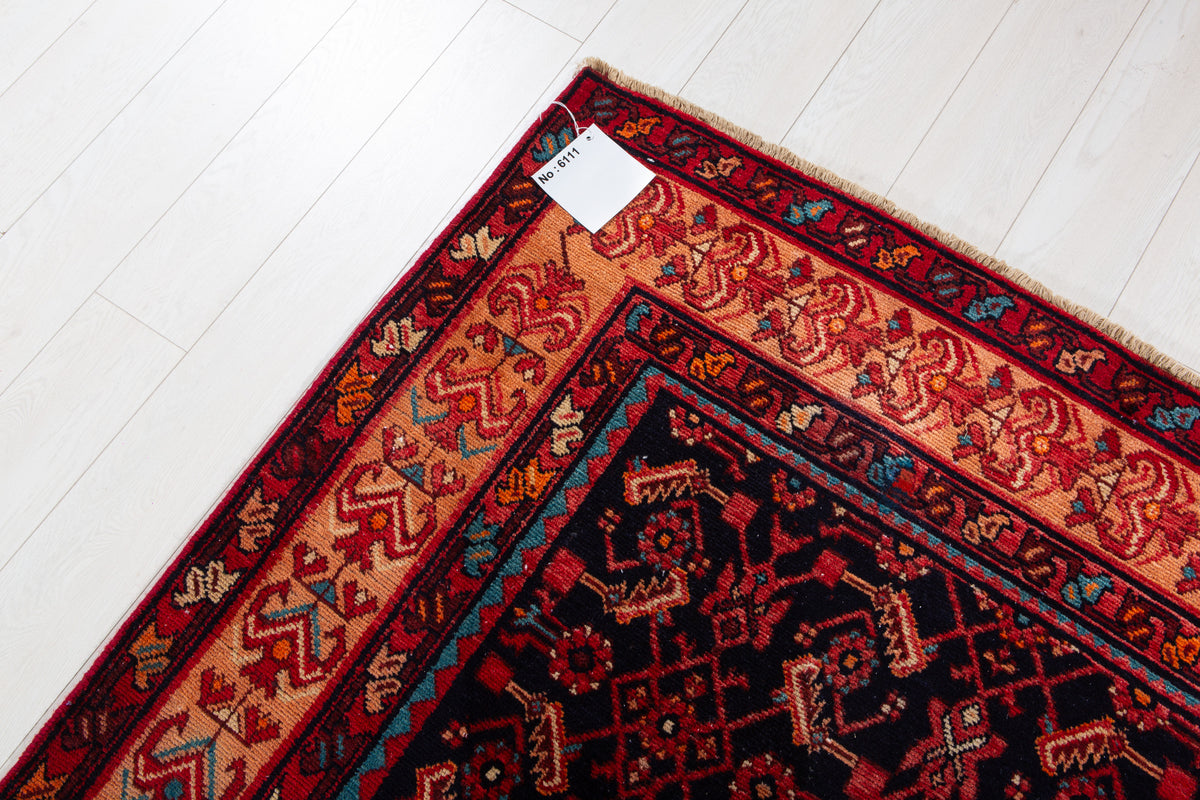 Vintage Deep Navy Blue & Brown Geometric Allover Wool Rug – 12' 5" x 5' 1" (379 x 155 cm)