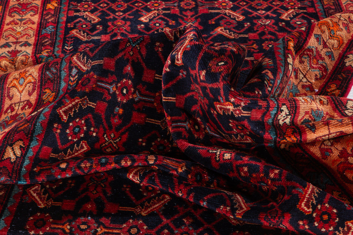 Vintage Deep Navy Blue & Brown Geometric Allover Wool Rug – 12' 5" x 5' 1" (379 x 155 cm)
