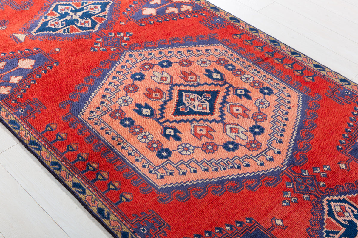 Collectible Vintage Orange Red & Blue Geometric Medallion Wool Rug – 8' 4" x 4' 0" (255 x 123 cm)