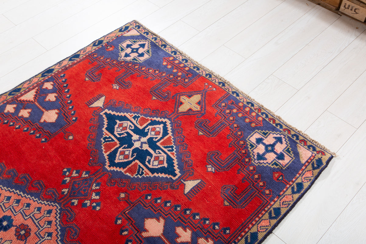 Collectible Vintage Orange Red & Blue Geometric Medallion Wool Rug – 8' 4" x 4' 0" (255 x 123 cm)