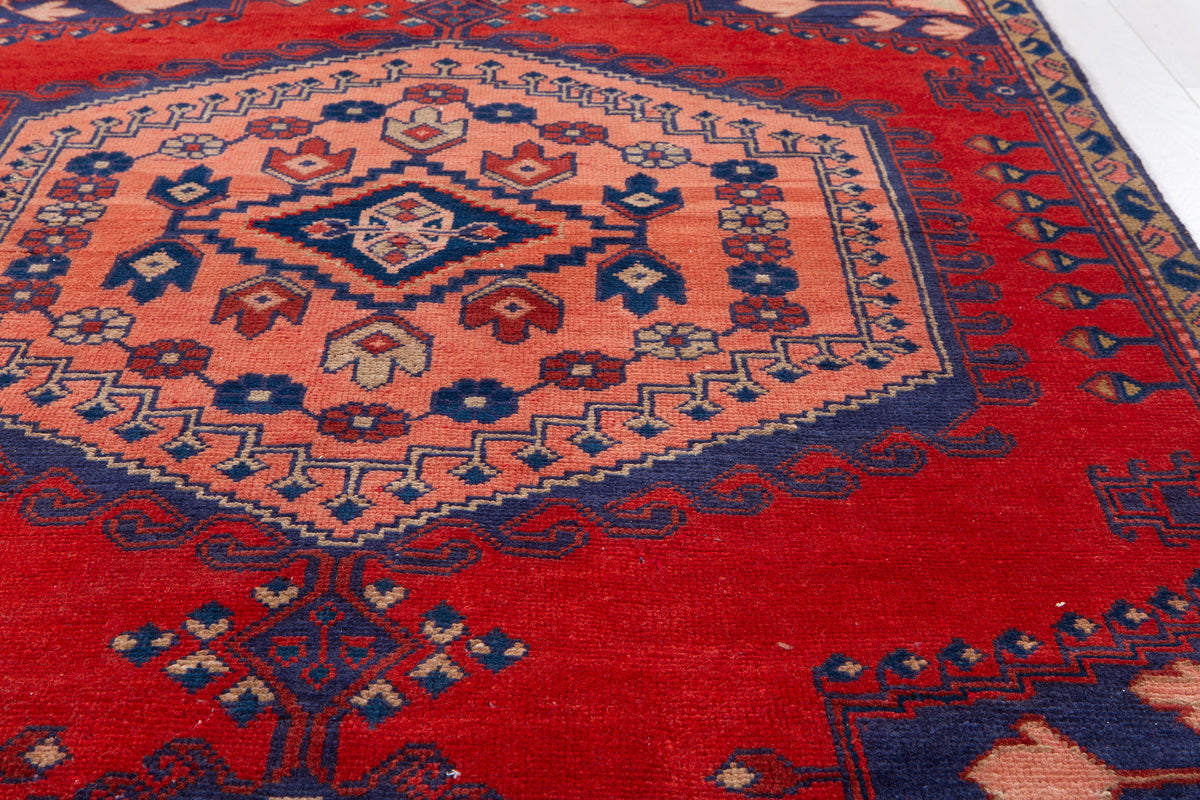 Collectible Vintage Orange Red & Blue Geometric Medallion Wool Rug – 8' 4" x 4' 0" (255 x 123 cm)