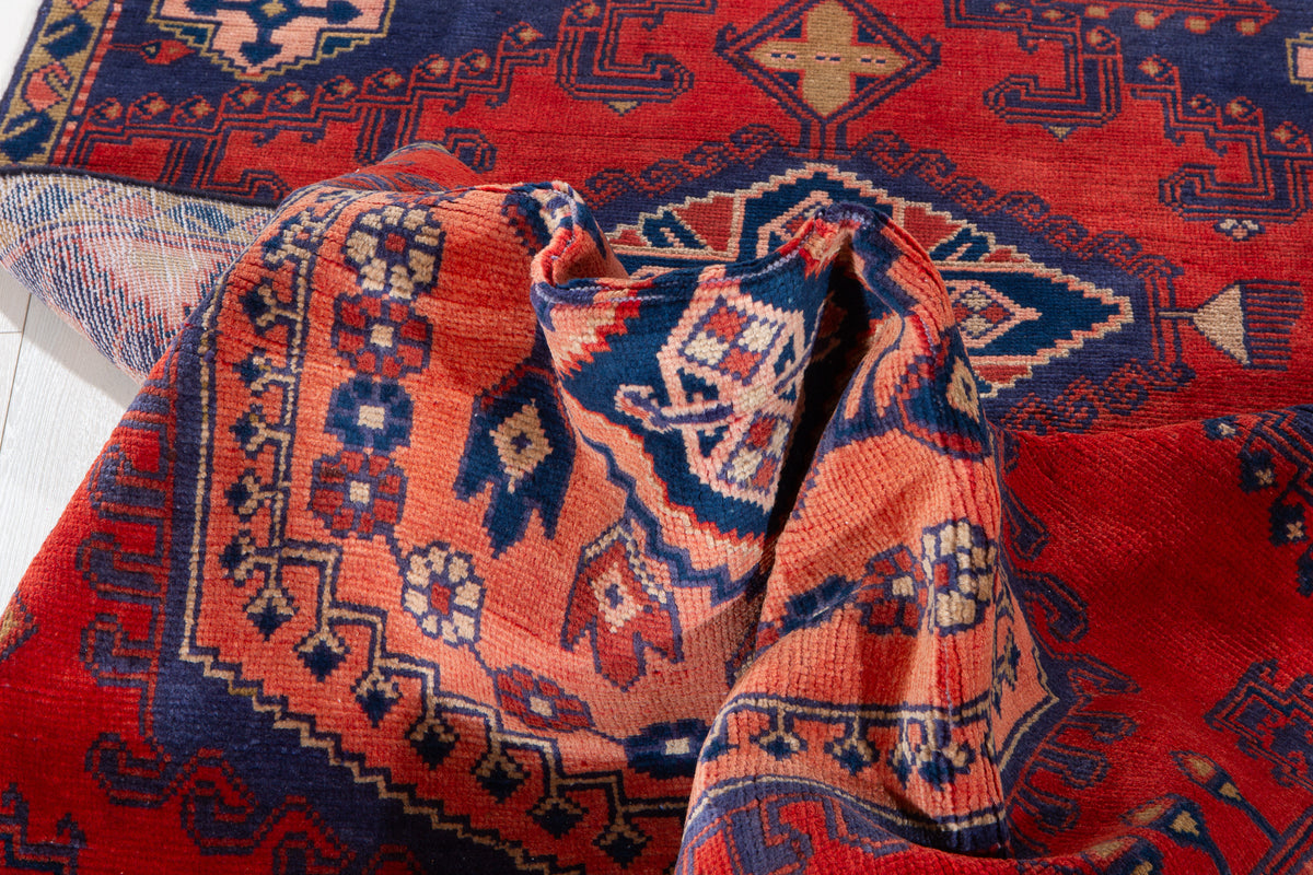 Collectible Vintage Orange Red & Blue Geometric Medallion Wool Rug – 8' 4" x 4' 0" (255 x 123 cm)