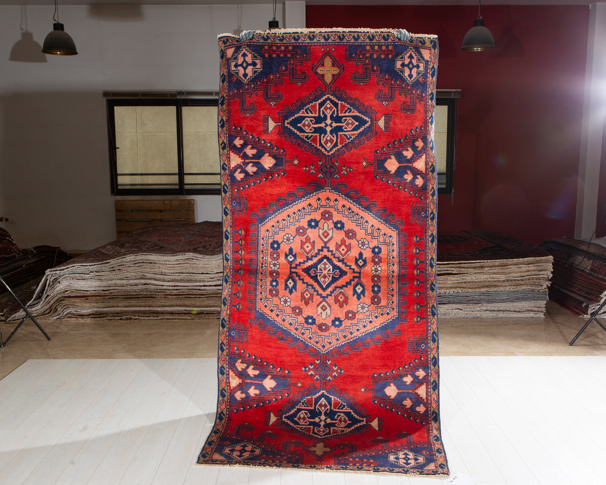 Collectible Vintage Orange Red & Blue Geometric Medallion Wool Rug – 8' 4" x 4' 0" (255 x 123 cm)