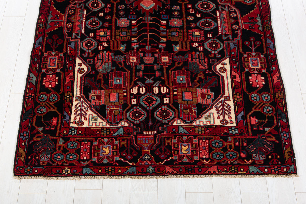 Vintage Deep Navy Blue & Red Geometric Allover Wool Rug – 11' 2" x 5' 1" (340 x 156 cm)