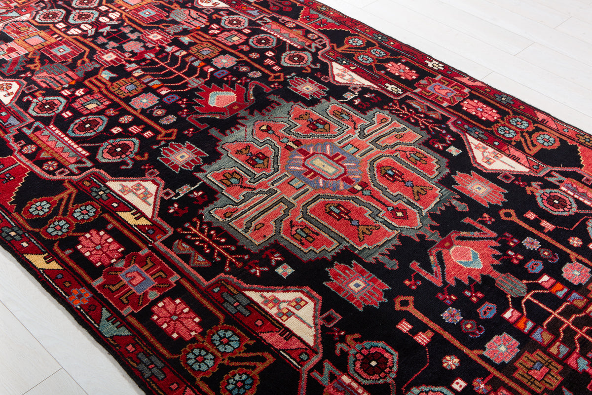 Vintage Deep Navy Blue & Red Geometric Allover Wool Rug – 11' 2" x 5' 1" (340 x 156 cm)