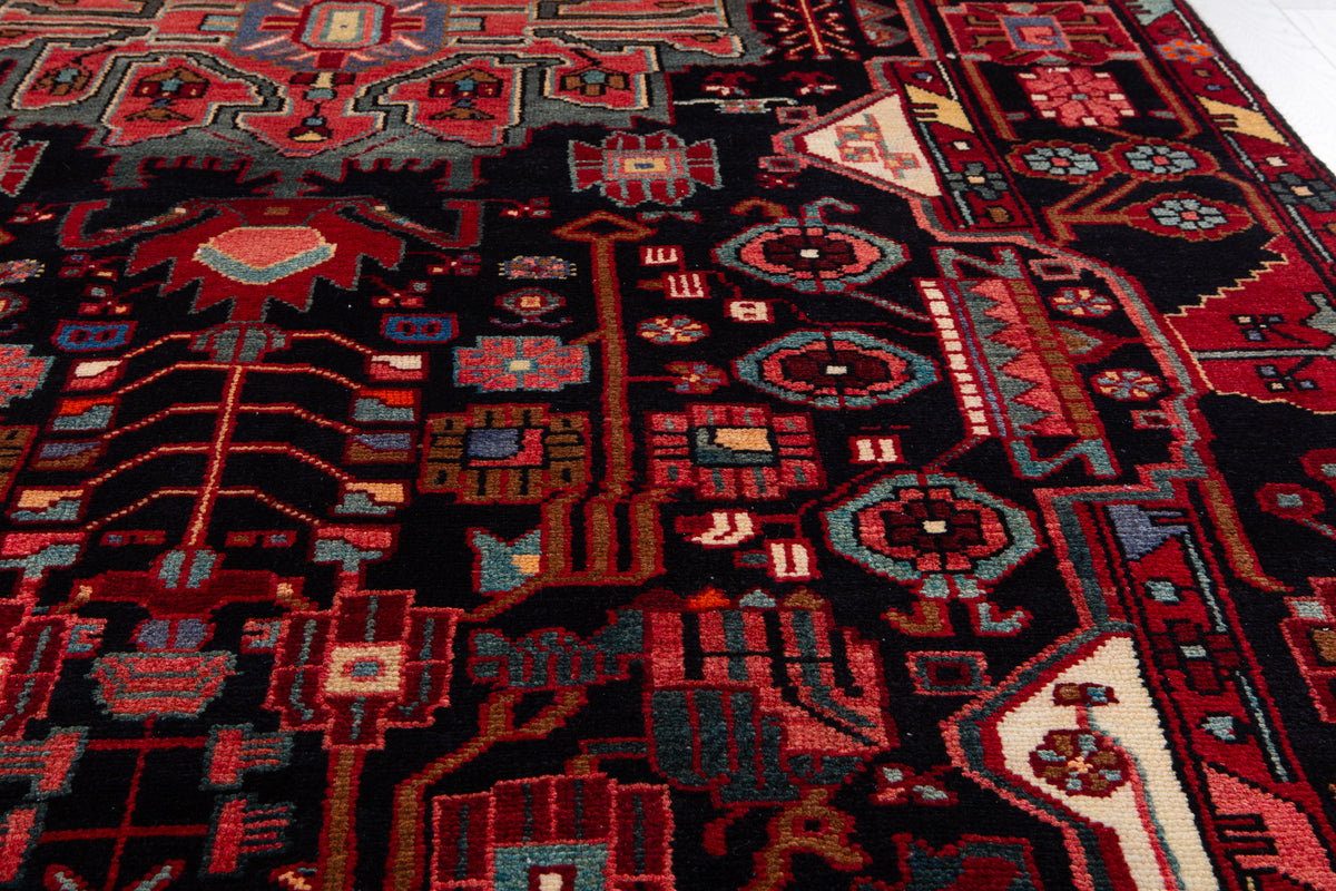 Vintage Deep Navy Blue & Red Geometric Allover Wool Rug – 11' 2" x 5' 1" (340 x 156 cm)