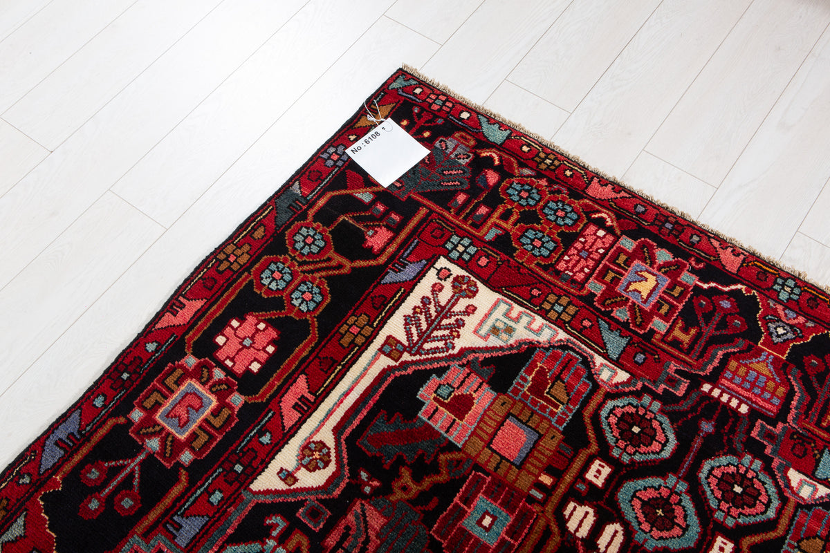 Vintage Deep Navy Blue & Red Geometric Allover Wool Rug – 11' 2" x 5' 1" (340 x 156 cm)