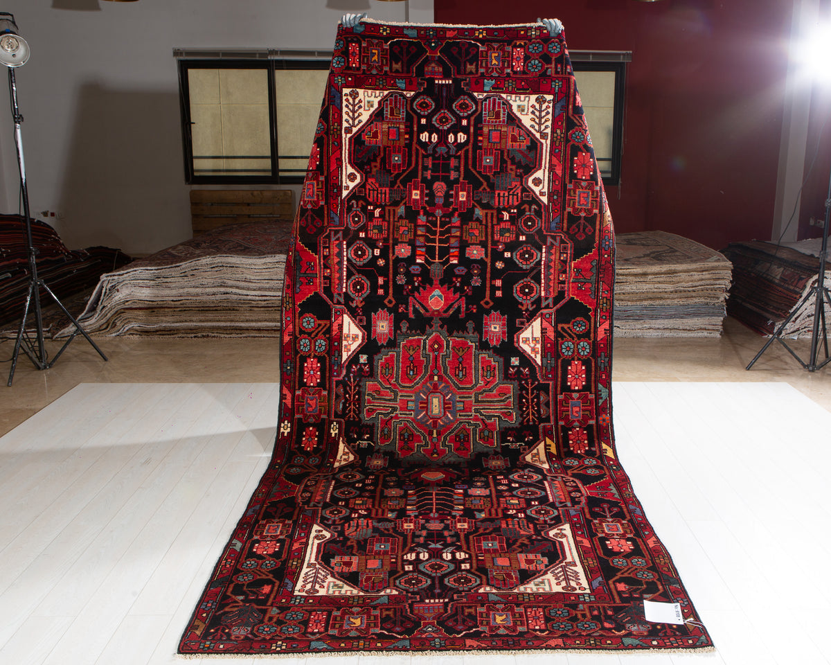 Vintage Deep Navy Blue & Red Geometric Allover Wool Rug – 11' 2" x 5' 1" (340 x 156 cm)