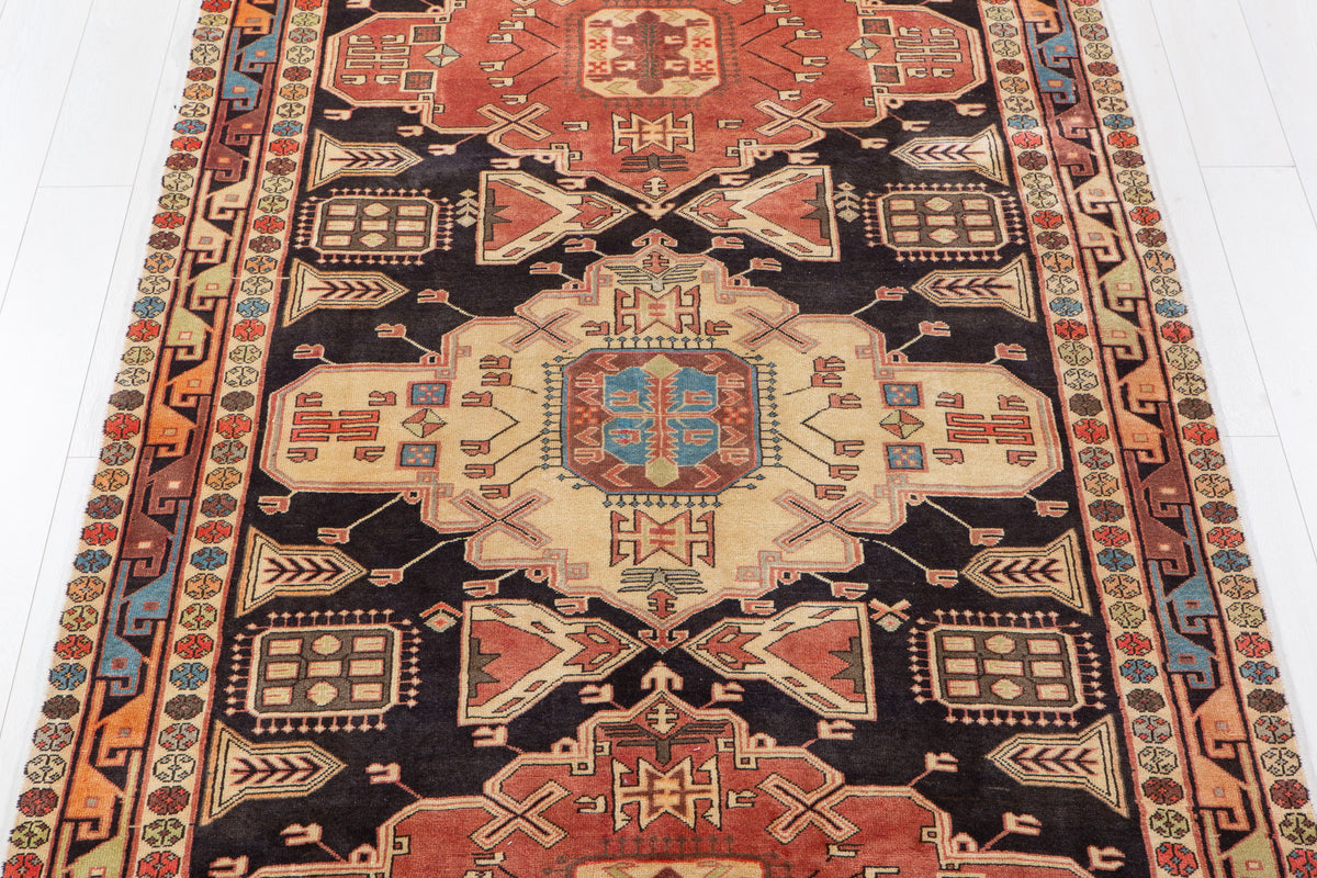 Vintage Deep Navy Blue & Coral Geometric Medallion Wool Rug – 11' 2" x 4' 10" (341 x 148 cm)