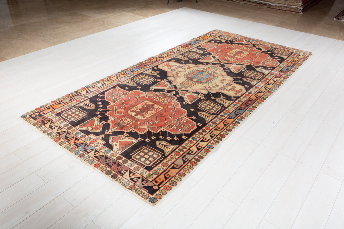 Vintage Deep Navy Blue & Coral Geometric Medallion Wool Rug – 11' 2" x 4' 10" (341 x 148 cm)