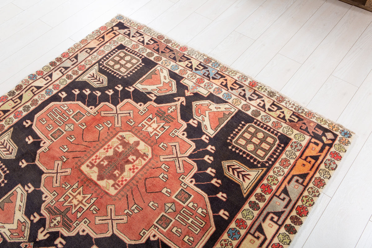 Vintage Deep Navy Blue & Coral Geometric Medallion Wool Rug – 11' 2" x 4' 10" (341 x 148 cm)