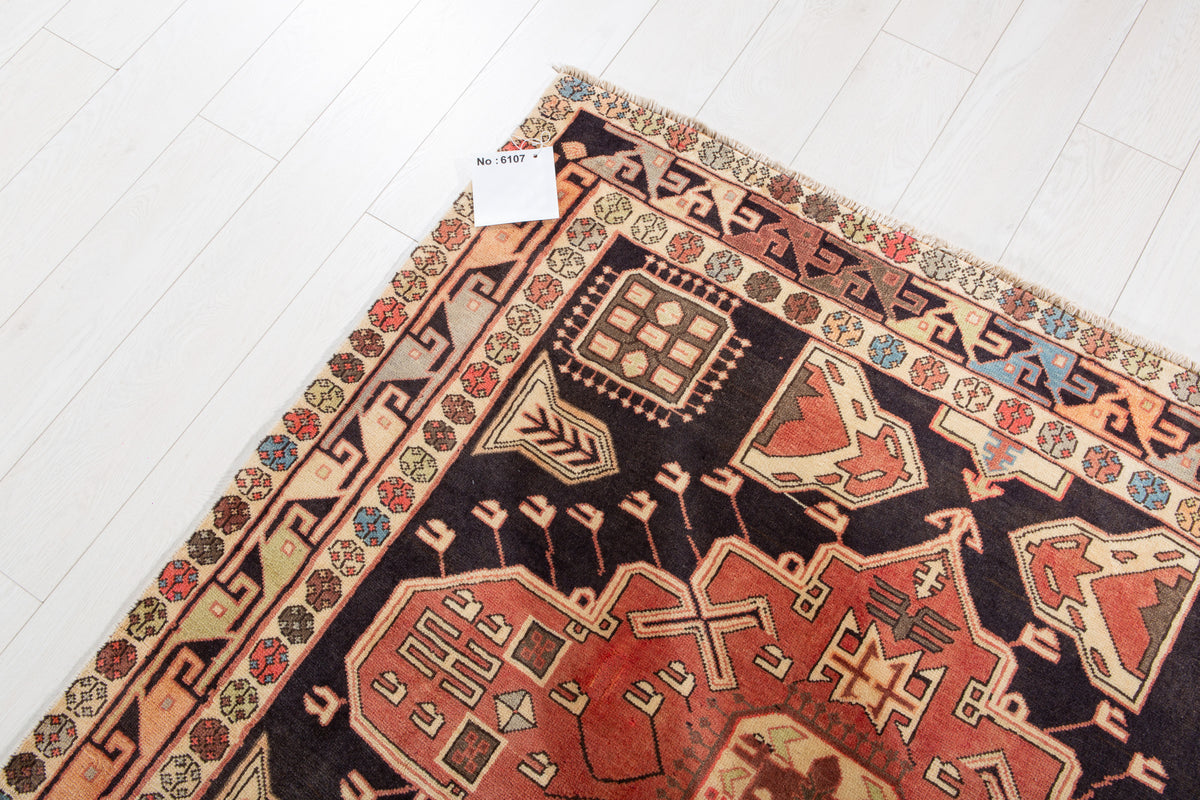Vintage Deep Navy Blue & Coral Geometric Medallion Wool Rug – 11' 2" x 4' 10" (341 x 148 cm)