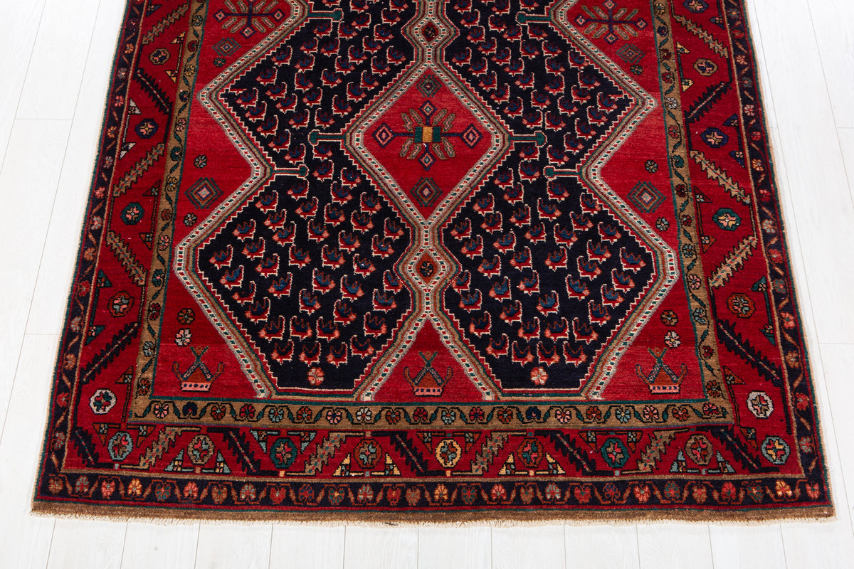 Collectible Vintage Deep Navy Blue & Red Geometric Medallion Wool Rug – 10' 8" x 5' 5" (326 x 165 cm)
