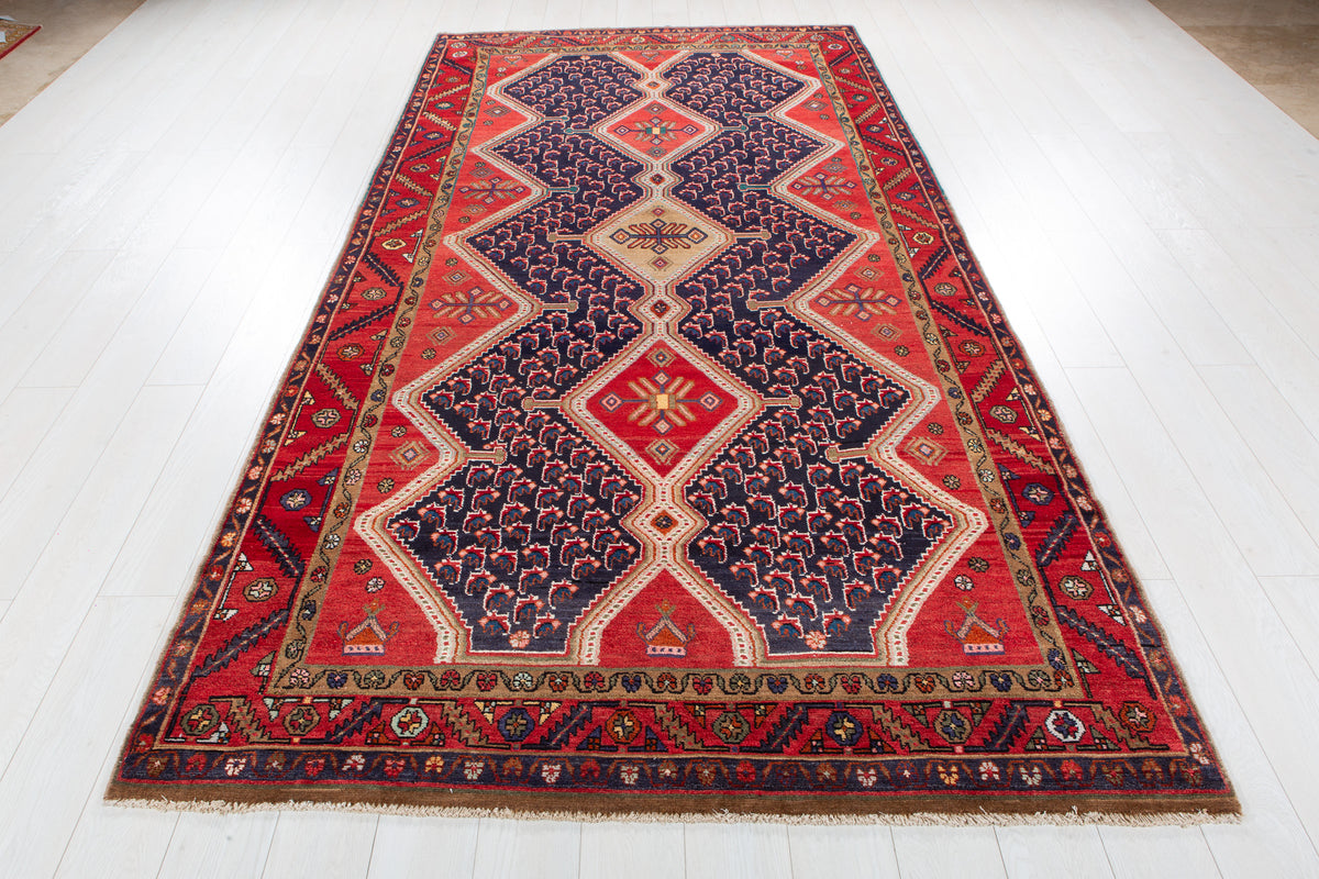 Collectible Vintage Deep Navy Blue & Red Geometric Medallion Wool Rug – 10' 8" x 5' 5" (326 x 165 cm)