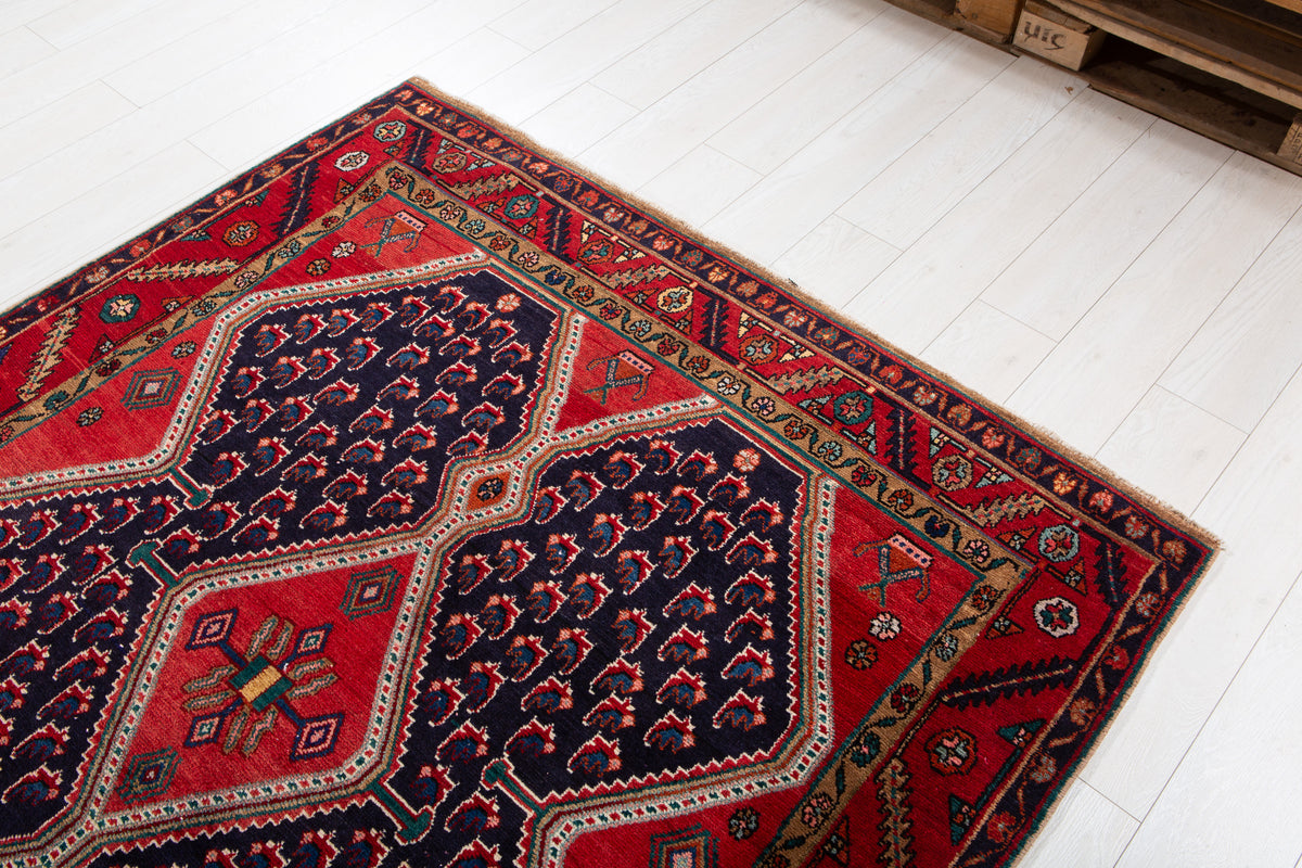 Collectible Vintage Deep Navy Blue & Red Geometric Medallion Wool Rug – 10' 8" x 5' 5" (326 x 165 cm)