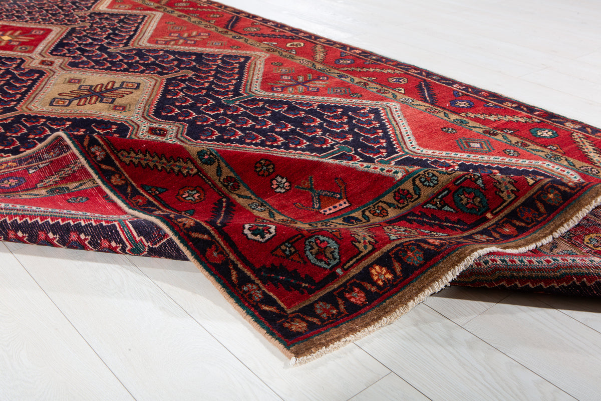 Collectible Vintage Deep Navy Blue & Red Geometric Medallion Wool Rug – 10' 8" x 5' 5" (326 x 165 cm)