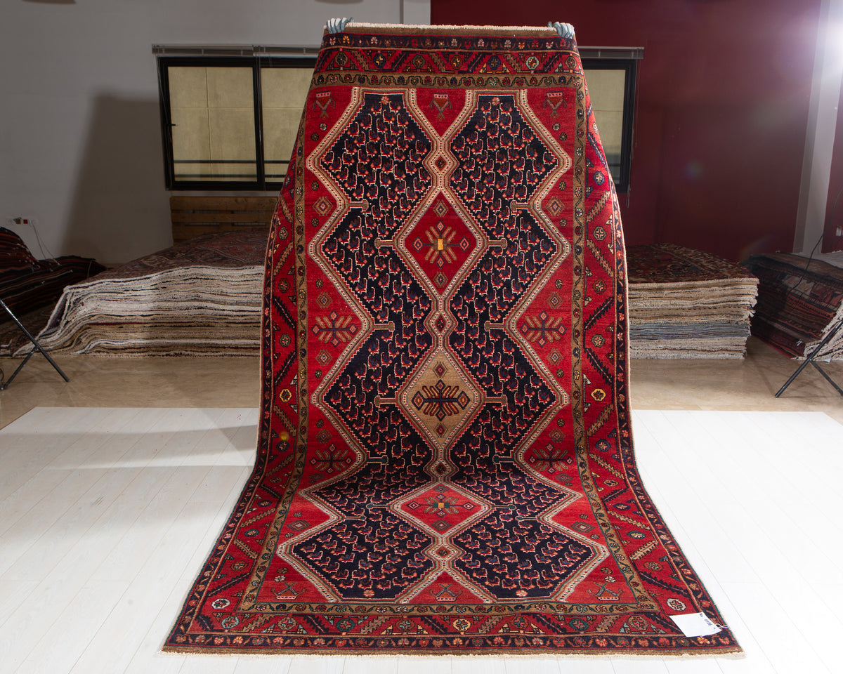 Collectible Vintage Deep Navy Blue & Red Geometric Medallion Wool Rug – 10' 8" x 5' 5" (326 x 165 cm)