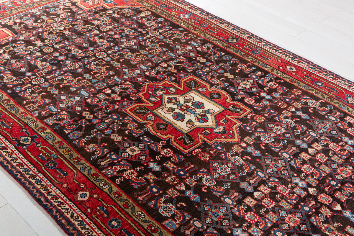 Vintage Black & Red Geometric Medallion Wool Rug – 10' 4" x 5' 5" (314 x 164 cm)